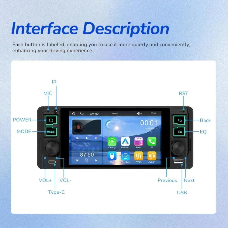 เครื่องเล่น MP5 หน้าจอแนวนอน 5.1 นิ้ว ที่นั่งเดียว พร้อมฟังก์ชัน CarPlay ไร้สาย เครื่องรวมในตัว รุ่นมาตรฐาน, รุ่นมาตรฐาน+กล้อง 12 ดวง