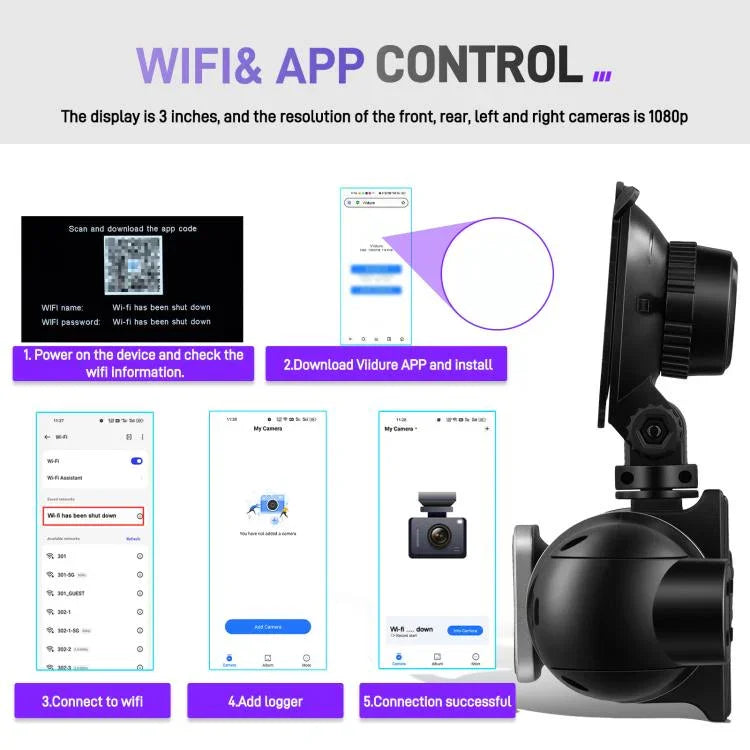 กล้องบันทึกการขับขี่รถยนต์ 3 นิ้ว ความละเอียด 2K WiFi บันทึกสี่ช่อง พร้อมเซ็นเซอร์แรงโน้มถ่วง 1080P รุ่น L5942