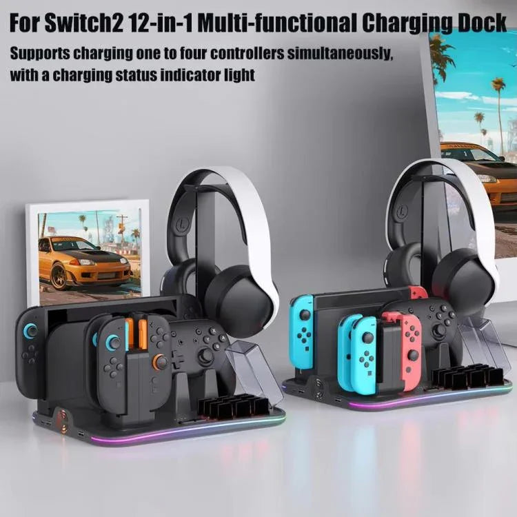 แท่นชาร์จมัลติฟังก์ชัน 12-in-1 ipega สำหรับ Nintendo Switch 2/แท่นชาร์จ Switch Joy-Con, แท่นชาร์จ Pro Controller, พัดลมระบายความร้อน, ที่จัดเก็บเกมและหูฟัง, 12-in-1