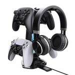 แท่นวางเกมมัลติฟังก์ชันสำหรับหูฟังและจอยสติ๊ก 4 ตัว พร้อมพอร์ตชาร์จ USB คู่และไฟ RGB