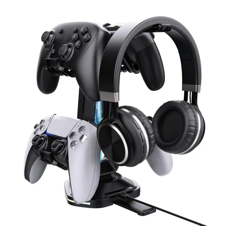แท่นวางเกมมัลติฟังก์ชันสำหรับหูฟังและจอยสติ๊ก 4 ตัว พร้อมพอร์ตชาร์จ USB คู่และไฟ RGB