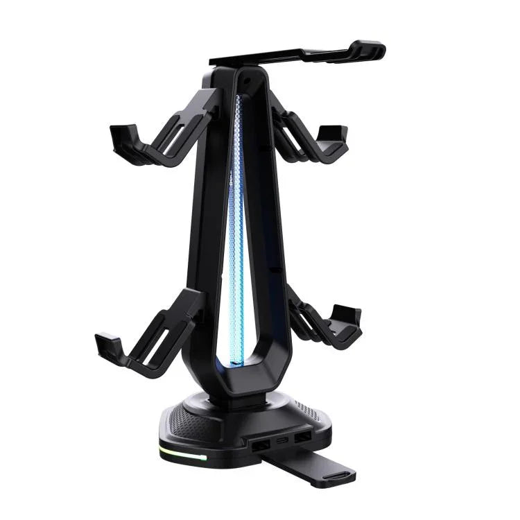 แท่นวางเกมมัลติฟังก์ชันสำหรับหูฟังและจอยสติ๊ก 4 ตัว พร้อมพอร์ตชาร์จ USB คู่และไฟ RGB