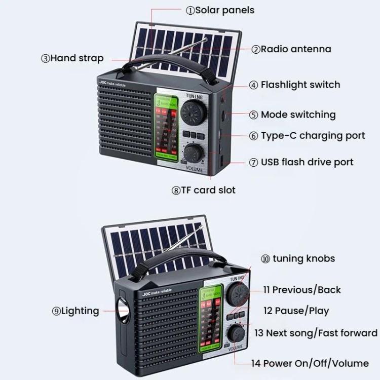 วิทยุพลังงานแสงอาทิตย์แบบครบคลื่นพร้อมไฟฉายและบลูทูธพกพา JOC TG-099BT-S, JOC TG-099BT-S