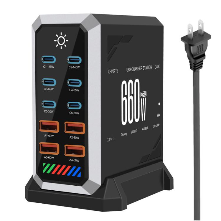 แท่นชาร์จเดสก์ท็อปกำลังสูง 660W แบบพอร์ตหลายช่อง 6 Type-C + 4 USB ชาร์จด้วยกัลเลียมไนไตรด์, ปลั๊ก US, UK, EU, AU