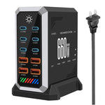 แท่นชาร์จเดสก์ท็อปกำลังสูง 660W แบบพอร์ตหลายช่อง 6 Type-C + 4 USB ชาร์จด้วยกัลเลียมไนไตรด์, ปลั๊ก US, UK, EU, AU