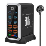 แท่นชาร์จเดสก์ท็อปกำลังสูง 660W แบบพอร์ตหลายช่อง 6 Type-C + 4 USB ชาร์จด้วยกัลเลียมไนไตรด์, ปลั๊ก US, UK, EU, AU