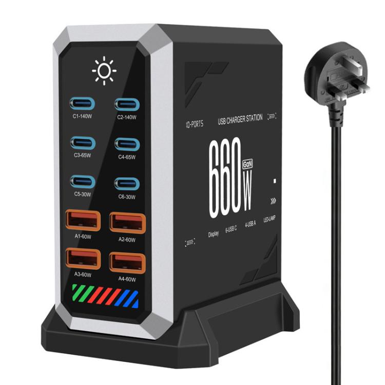 แท่นชาร์จเดสก์ท็อปกำลังสูง 660W แบบพอร์ตหลายช่อง 6 Type-C + 4 USB ชาร์จด้วยกัลเลียมไนไตรด์, ปลั๊ก US, UK, EU, AU