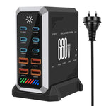 แท่นชาร์จเดสก์ท็อปกำลังสูง 660W แบบพอร์ตหลายช่อง 6 Type-C + 4 USB ชาร์จด้วยกัลเลียมไนไตรด์, ปลั๊ก US, UK, EU, AU
