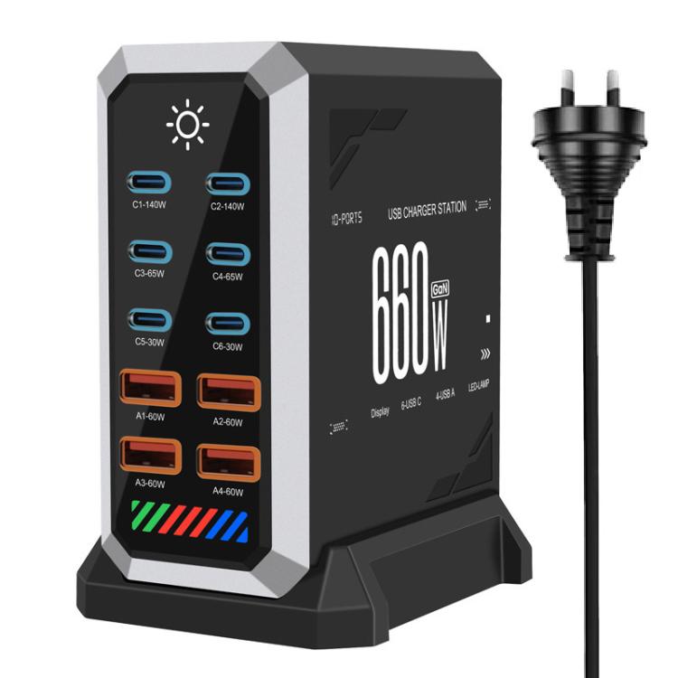แท่นชาร์จเดสก์ท็อปกำลังสูง 660W แบบพอร์ตหลายช่อง 6 Type-C + 4 USB ชาร์จด้วยกัลเลียมไนไตรด์, ปลั๊ก US, UK, EU, AU