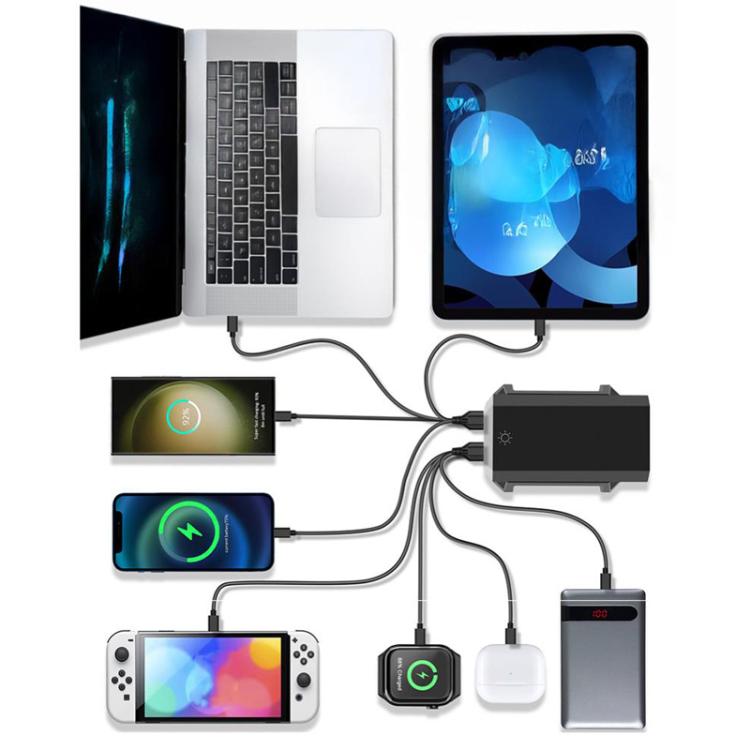 แท่นชาร์จเดสก์ท็อปกำลังสูง 660W แบบพอร์ตหลายช่อง 6 Type-C + 4 USB ชาร์จด้วยกัลเลียมไนไตรด์, ปลั๊ก US, UK, EU, AU