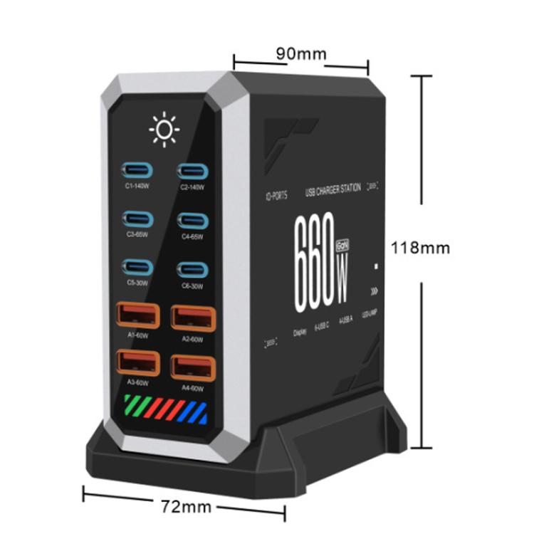 แท่นชาร์จเดสก์ท็อปกำลังสูง 660W แบบพอร์ตหลายช่อง 6 Type-C + 4 USB ชาร์จด้วยกัลเลียมไนไตรด์, ปลั๊ก US, UK, EU, AU