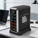 แท่นชาร์จเดสก์ท็อปกำลังสูง 660W แบบพอร์ตหลายช่อง 6 Type-C + 4 USB ชาร์จด้วยกัลเลียมไนไตรด์, ปลั๊ก US, UK, EU, AU