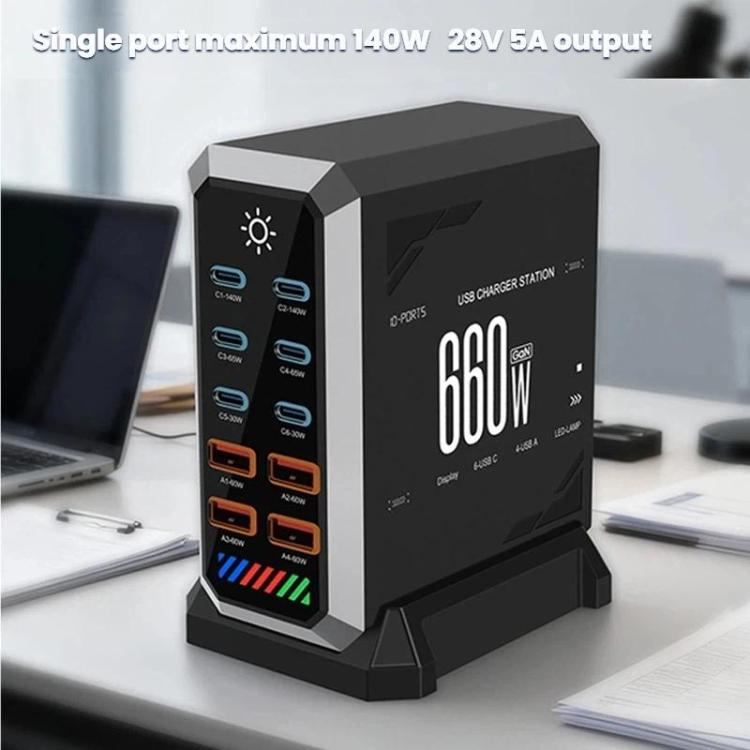 แท่นชาร์จเดสก์ท็อปกำลังสูง 660W แบบพอร์ตหลายช่อง 6 Type-C + 4 USB ชาร์จด้วยกัลเลียมไนไตรด์, ปลั๊ก US, UK, EU, AU