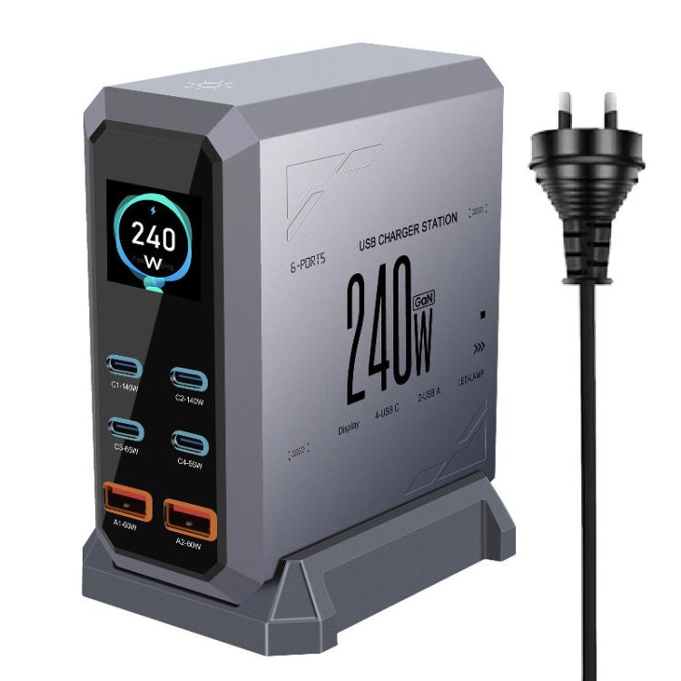แท่นชาร์จแบบพอร์ตหลายช่อง 4 Type-C + 2 USB 240W พร้อมจอแสดงผลแบบไดนามิก กัลเลียมไนไตรด์, ปลั๊ก AU, US, EU, UK