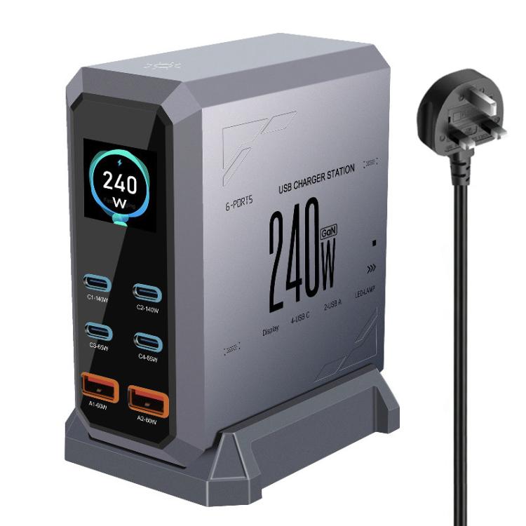 แท่นชาร์จแบบพอร์ตหลายช่อง 4 Type-C + 2 USB 240W พร้อมจอแสดงผลแบบไดนามิก กัลเลียมไนไตรด์, ปลั๊ก AU, US, EU, UK