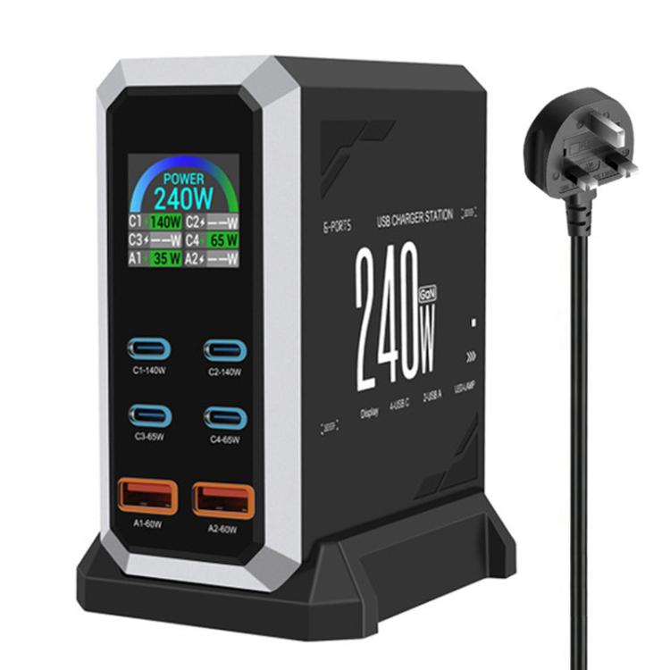แท่นชาร์จแบบพอร์ตหลายช่อง 4 Type-C + 2 USB 240W พร้อมจอแสดงผลแบบไดนามิก กัลเลียมไนไตรด์, ปลั๊ก AU, US, EU, UK