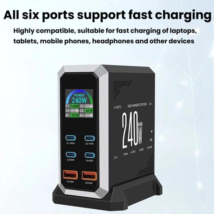 แท่นชาร์จแบบพอร์ตหลายช่อง 4 Type-C + 2 USB 240W พร้อมจอแสดงผลแบบไดนามิก กัลเลียมไนไตรด์, ปลั๊ก AU, US, EU, UK