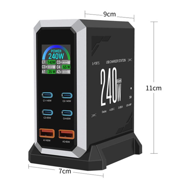 แท่นชาร์จแบบพอร์ตหลายช่อง 4 Type-C + 2 USB 240W พร้อมจอแสดงผลแบบไดนามิก กัลเลียมไนไตรด์, ปลั๊ก AU, US, EU, UK