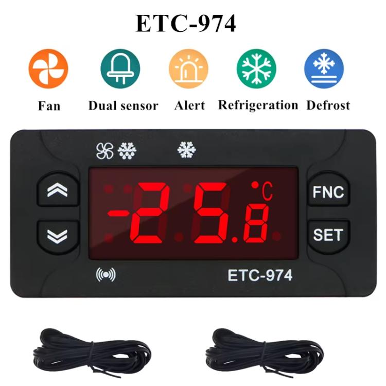ETC-974 ตัวควบคุมอุณหภูมิดิจิทัลแบบฝัง พร้อมฟังก์ชันทำความเย็น, ละลายน้ำแข็ง และพัดลม, ETC-974 220V, ETC-974 110V