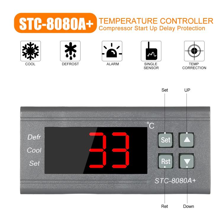 STC-8080A+ ตัวควบคุมอุณหภูมิดิจิทัลสำหรับระบบทำความเย็นพร้อมฟังก์ชันละลายน้ำแข็งและสัญญาณเตือน สำหรับห้องเย็น, ตู้แช่เชิงพาณิชย์, STC-8080A+ 220V