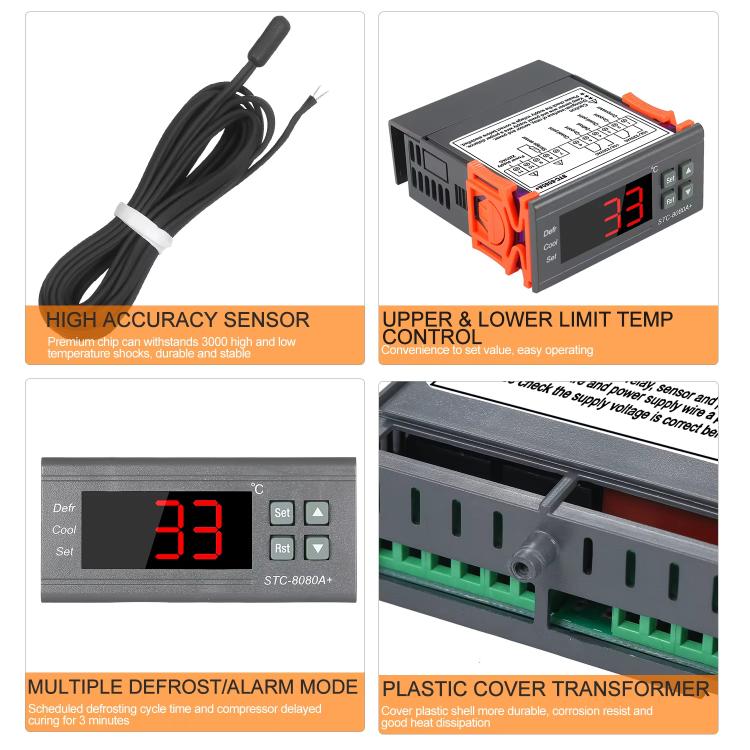 STC-8080A+ ตัวควบคุมอุณหภูมิดิจิทัลสำหรับระบบทำความเย็นพร้อมฟังก์ชันละลายน้ำแข็งและสัญญาณเตือน สำหรับห้องเย็น, ตู้แช่เชิงพาณิชย์, STC-8080A+ 220V