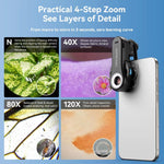 กล้องจุลทรรศน์โทรศัพท์ APEXEL TriScope 40X-80X-120X พร้อมไฟ LED อุณหภูมิสองระดับและไฟ UV, APL-MS3L