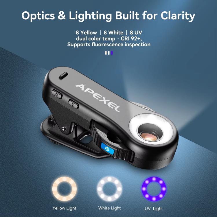 กล้องจุลทรรศน์โทรศัพท์ APEXEL TriScope 40X-80X-120X พร้อมไฟ LED อุณหภูมิสองระดับและไฟ UV, APL-MS3L