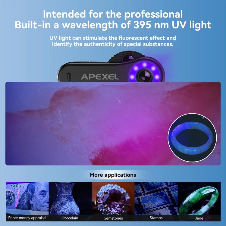 กล้องจุลทรรศน์โทรศัพท์ APEXEL TriScope 40X-80X-120X พร้อมไฟ LED อุณหภูมิสองระดับและไฟ UV, APL-MS3L