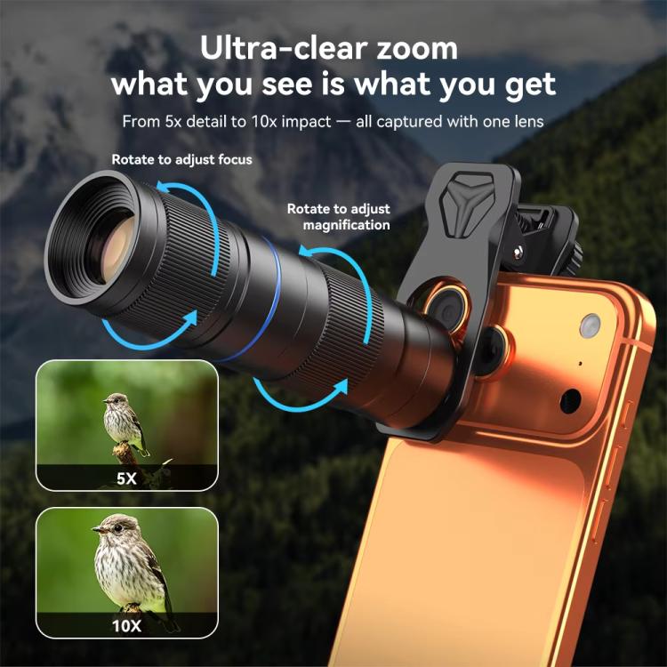 ชุดเลนส์เทเลโฟโต้ APEXEL TeleZoom 5–10X สำหรับสมาร์ทโฟน พร้อมคลิปอเนกประสงค์, APL-T5-10X