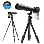 ชุดเลนส์เทเลโฟโต้ APEXEL TeleCular 50x สำหรับสมาร์ทโฟน พร้อมขาตั้งกล้องหัวบอล 360 องศาและโฟกัสภายใน, APL-T50X