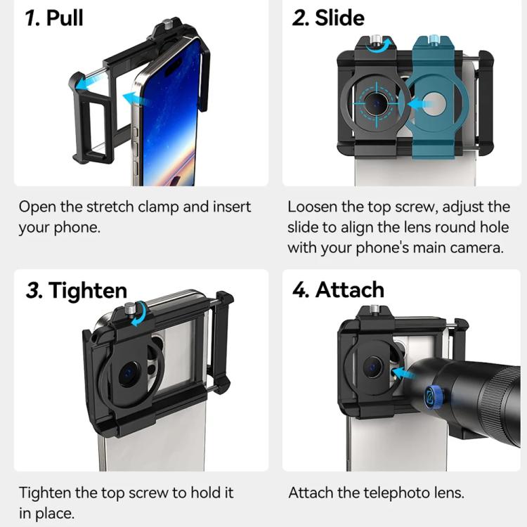 ชุดเลนส์เทเลโฟโต้ APEXEL TeleCular 50x สำหรับสมาร์ทโฟน พร้อมขาตั้งกล้องหัวบอล 360 องศาและโฟกัสภายใน, APL-T50X