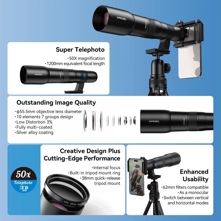ชุดเลนส์เทเลโฟโต้ APEXEL TeleCular 50x สำหรับสมาร์ทโฟน พร้อมขาตั้งกล้องหัวบอล 360 องศาและโฟกัสภายใน, APL-T50X
