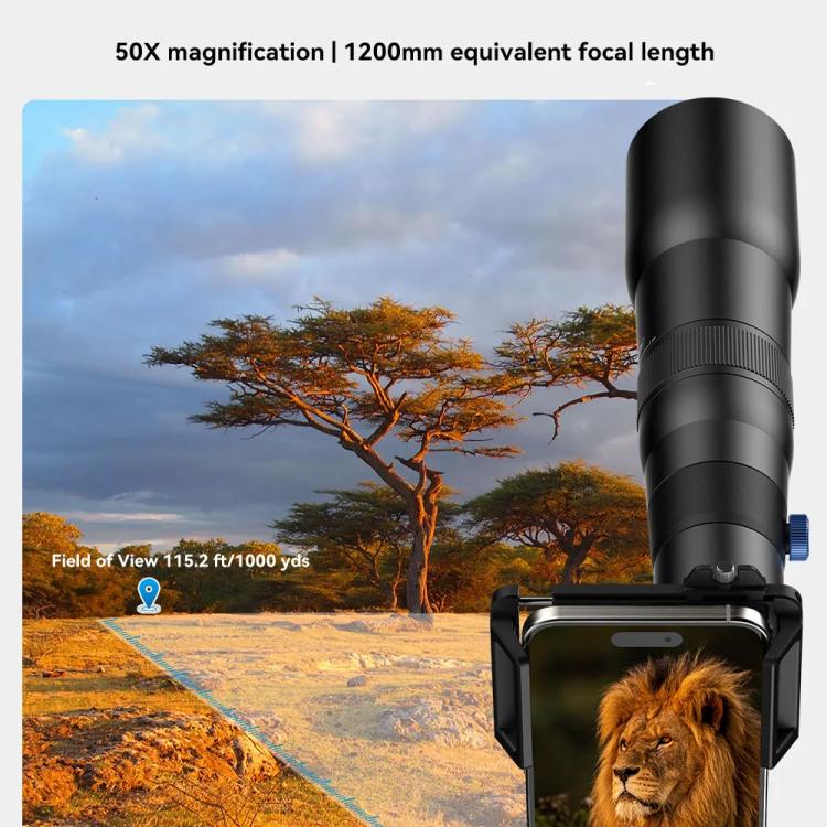 ชุดเลนส์เทเลโฟโต้ APEXEL TeleCular 50x สำหรับสมาร์ทโฟน พร้อมขาตั้งกล้องหัวบอล 360 องศาและโฟกัสภายใน, APL-T50X