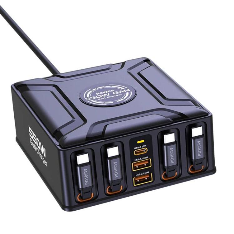 ที่ชาร์จสายชาร์จ USB-C GaN 550W ชาร์จเร็วพิเศษแบบหลายพอร์ต พร้อมสายเก็บได้, ปลั๊ก EU, ปลั๊ก US, ปลั๊ก UK, ปลั๊ก AU, ปลั๊ก KR