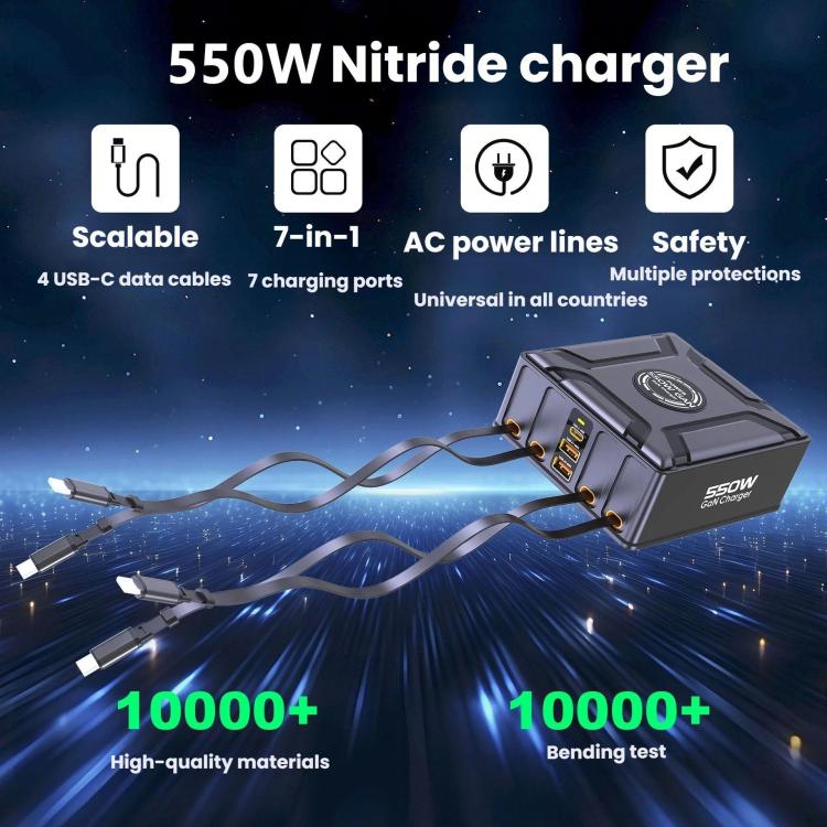 ที่ชาร์จสายชาร์จ USB-C GaN 550W ชาร์จเร็วพิเศษแบบหลายพอร์ต พร้อมสายเก็บได้, ปลั๊ก EU, ปลั๊ก US, ปลั๊ก UK, ปลั๊ก AU, ปลั๊ก KR