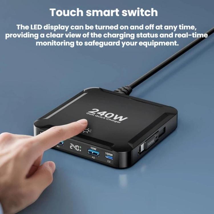 ที่ชาร์จเร็วอัจฉริยะ 240W พร้อมสาย USB แบบแม่เหล็กเก็บได้และช่องเก็บหลายพอร์ต, ปลั๊ก EU, ปลั๊ก US, ปลั๊ก UK, ปลั๊ก AU, ปลั๊ก KR