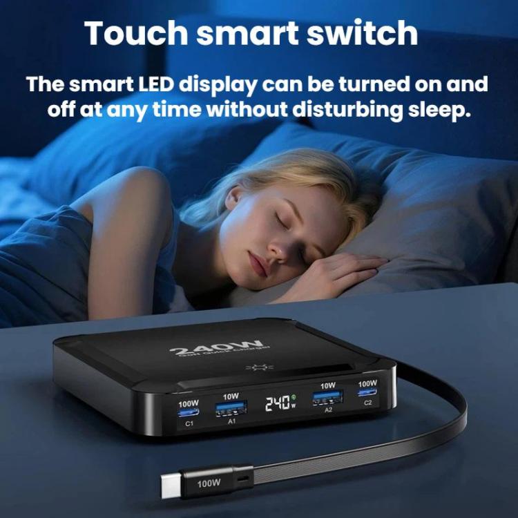 ที่ชาร์จเร็วอัจฉริยะ 240W พร้อมสาย USB แบบแม่เหล็กเก็บได้และช่องเก็บหลายพอร์ต, ปลั๊ก EU, ปลั๊ก US, ปลั๊ก UK, ปลั๊ก AU, ปลั๊ก KR