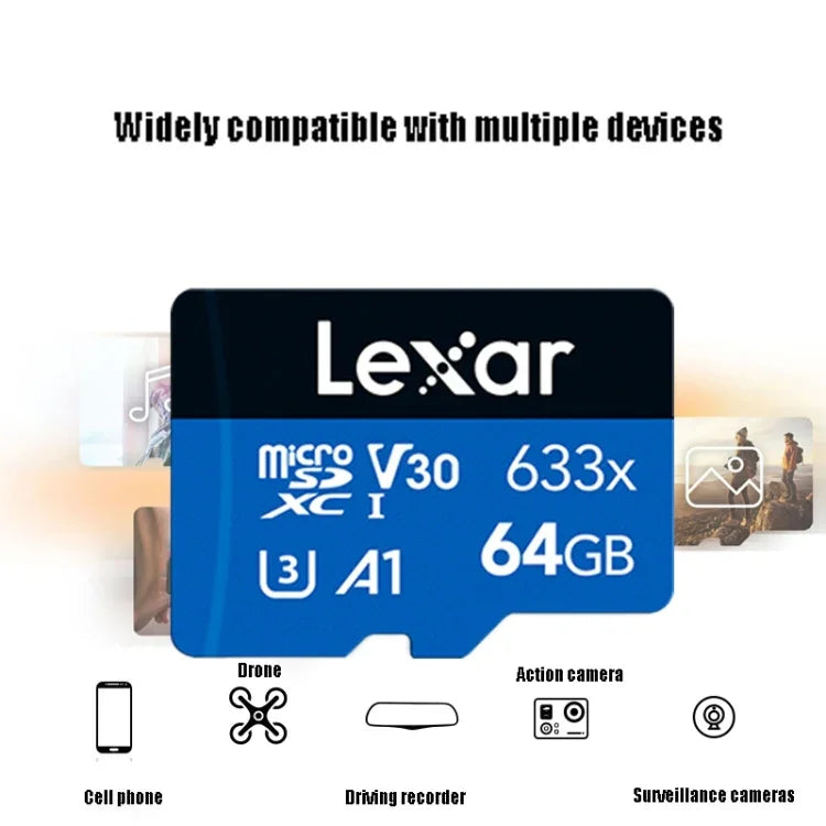 Lexar 633x การ์ดหน่วยความจำโทรศัพท์มือถือเฉพาะสำหรับกล้องบันทึกภาพความเร็วสูง 64GB DVR TF Card, 64GB