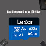 Lexar 633x การ์ดหน่วยความจำโทรศัพท์มือถือเฉพาะสำหรับกล้องบันทึกภาพความเร็วสูง 64GB DVR TF Card, 64GB