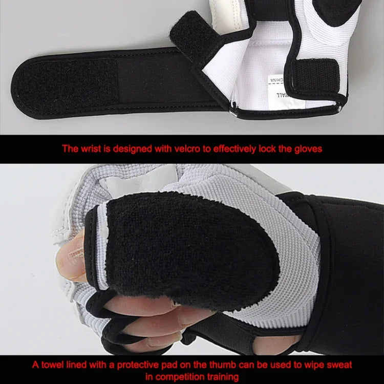 ถุงมือชกมวยฝึกซ้อมถุงมือทรายสำหรับผู้ใหญ่ครึ่งนิ้ว หนัง PU ฟิตเนส ซ้อมมวยเทควันโด, XS, S, M, L, XL, XXL