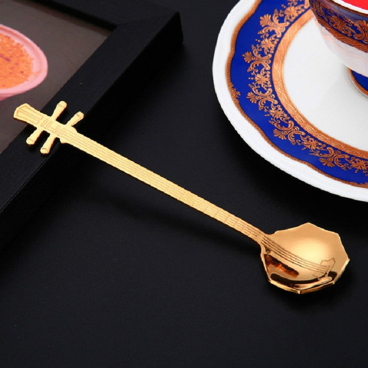ช้อนคนกาแฟสแตนเลส รูปทรงเครื่องดนตรีสร้างสรรค์ กีตาร์สีเงิน แปดเหลี่ยมสีเงิน ลูทสีเงิน เหย่ชินสีเงิน กีตาร์ไทเทเนียมทอง แปดเหลี่ยมไทเทเนียมทอง ลูทไทเทเนียมทอง เหย่ชินไทเทเนียมทอง กีตาร์โรสโกลด์