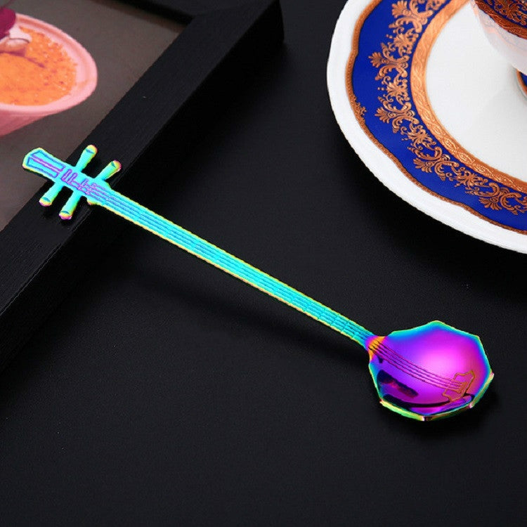 ช้อนคนกาแฟสแตนเลส รูปทรงเครื่องดนตรีสร้างสรรค์ กีตาร์สีเงิน แปดเหลี่ยมสีเงิน ลูทสีเงิน เหย่ชินสีเงิน กีตาร์ไทเทเนียมทอง แปดเหลี่ยมไทเทเนียมทอง ลูทไทเทเนียมทอง เหย่ชินไทเทเนียมทอง กีตาร์โรสโกลด์