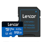 Lexar 633x การ์ดหน่วยความจำแฟลชความเร็วสูง 512GB สำหรับกล้องกีฬา โทรศัพท์มือถือ TF และกล้องบันทึกภาพรถยนต์, 512GB
