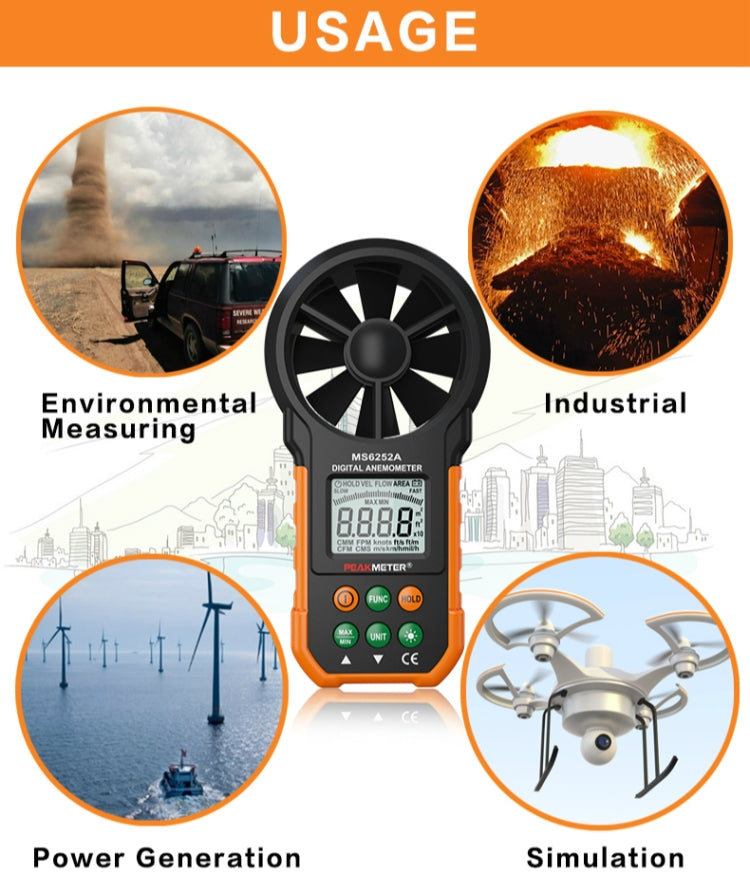 เครื่องวัดความเร็วลมและปริมาณอากาศดิจิตอลความแม่นยำสูง PEAKMETER รุ่น MS6252A วัดความเร็วลม ปริมาณอากาศ, MS6252B วัดอุณหภูมิ ความชื้น, USB