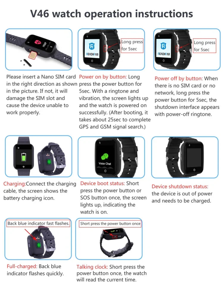 REACHFAR RF-V46-A นาฬิกาข้อมือ GPS สมาร์ทแทรกเกอร์ รองรับ SOS / กล้อง / การจัดการสุขภาพ / 4G LTE / ความดันโลหิต / อัตราการเต้นของหัวใจ สำหรับเอเชีย / ยุโรป / แอฟริกา / ออสเตรเลีย, RF-V46-A
