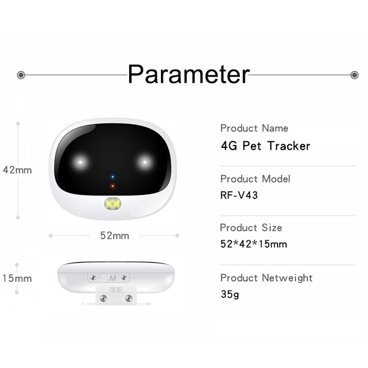 RF-V43 รุ่น A เครื่องติดตาม GPS + LBS + WiFi กันน้ำ IP67 สำหรับสัตว์เลี้ยง ปลอกคอติดตาม สำหรับเอเชีย/ยุโรป/แอฟริกา/ออสเตรเลีย, RF-V43 รุ่น A (สีดำ), RF-V43 รุ่น A (สีขาว)