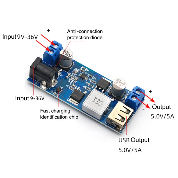 โมดูลลดแรงดันไฟฟ้า DC 24V/12V เป็น 5V 5A สำหรับชาร์จ USB