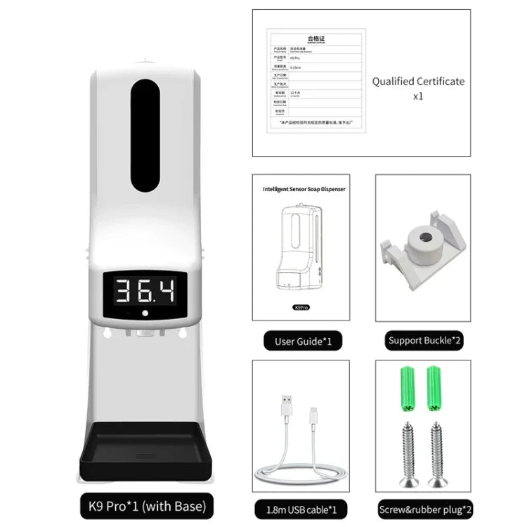 K9 Pro เครื่องวัดอุณหภูมิแบบไม่สัมผัสพร้อมเซ็นเซอร์วัดระยะและแสง + เครื่องจ่ายสบู่เหลวอัตโนมัติแบบไม่สัมผัส 1000 มล. พร้อมฐานติดตั้ง, K9 Pro