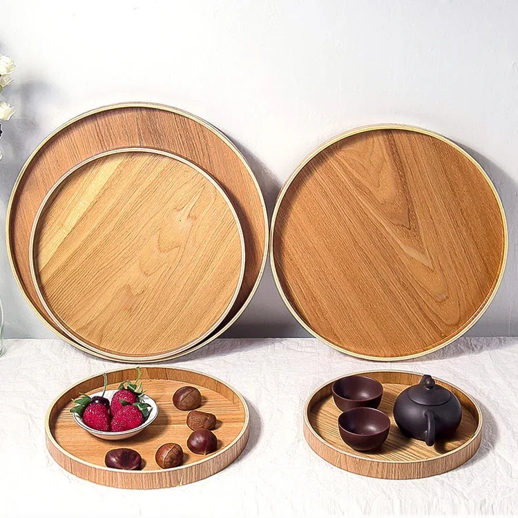 Creative Round Solid Wood Tea Tray Hotel Wooden Tay Storage Tray, Diameter: 37.5cm, Wood Color, Diameter: 37.5cm