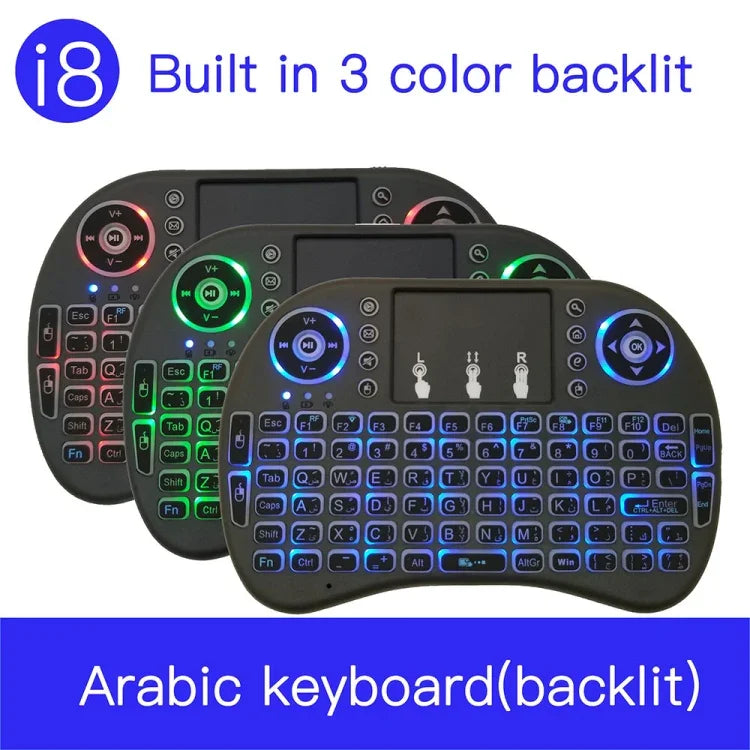 รองรับภาษา: อาหรับ i8 Air Mouse คีย์บอร์ดไร้สายมีไฟพื้นหลังพร้อมทัชแพดสำหรับ Android TV Box & สมาร์ททีวี & แท็บเล็ตพีซี & Xbox360 & PS3 & HTPC/IPTV, อาหรับ